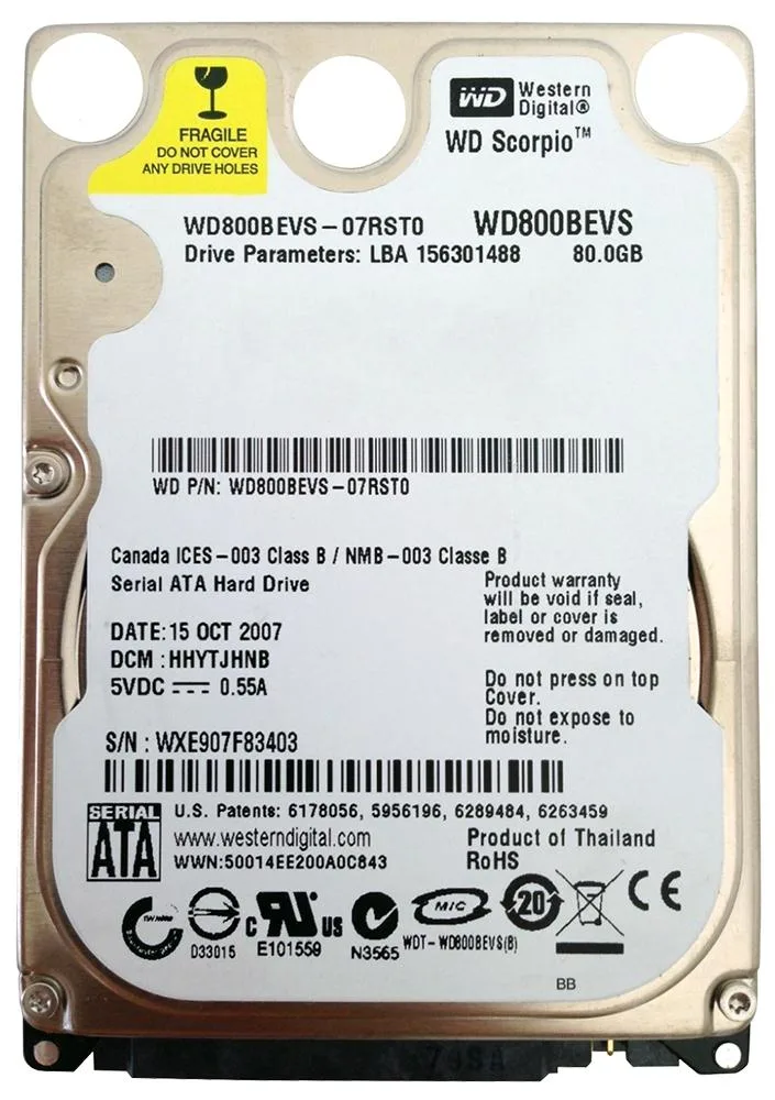 WD800BEVS-07RST0 - Western Digital 80GB 5400RPM SATA 1.5Gb/s 8MB Cache 2.5-inch Hard Drive