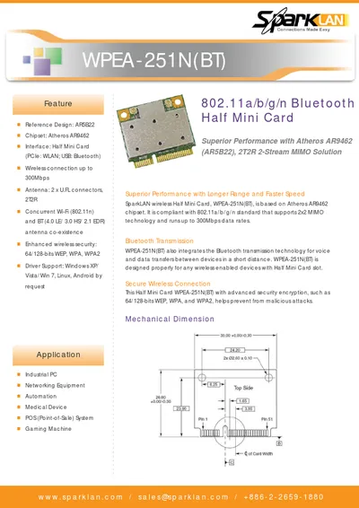 Sparklan WPEA-251N(BT) WiFi/Blueutooth 2.4GHz/5GHz mPCIe Mini Card