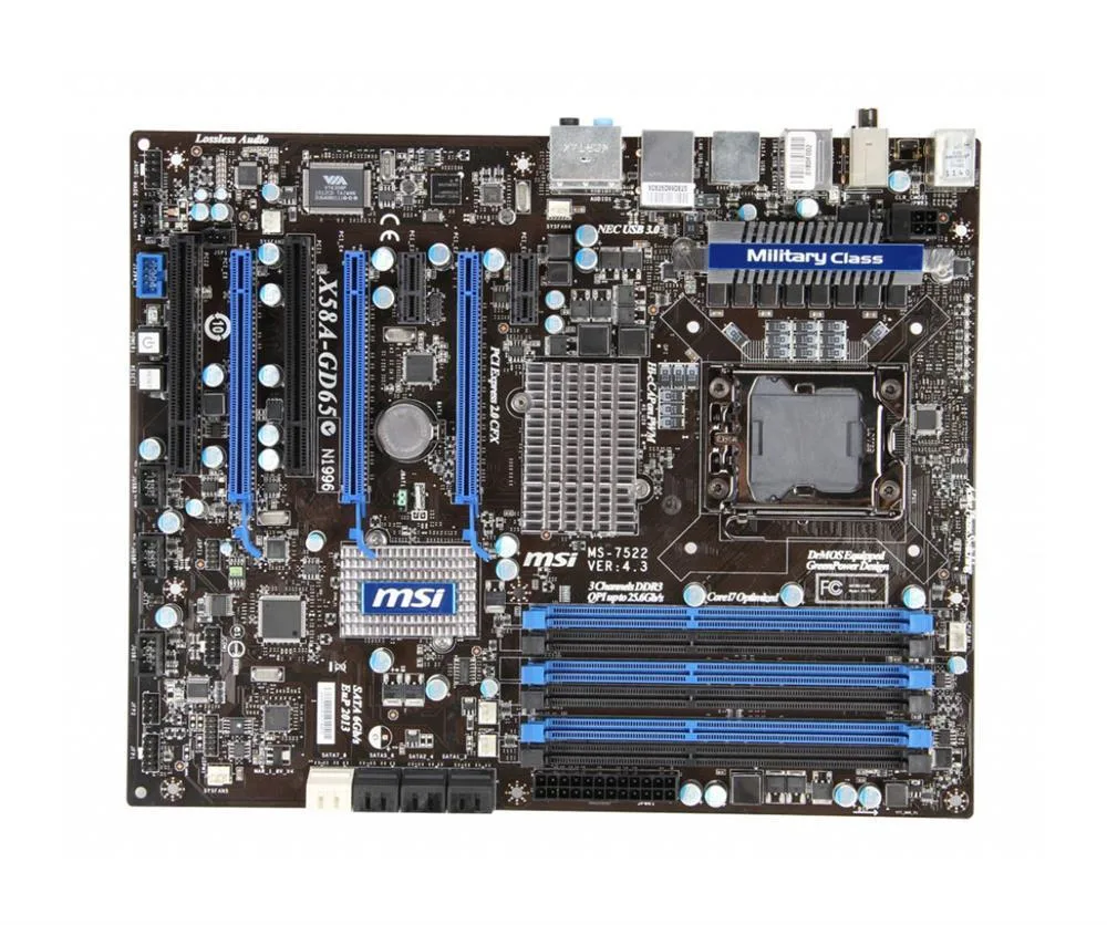 X58A-GD65 - MSI Desktop Motherboard Intel Chipset ATX Socket B LGA-1366 24GB DDR3 SDRAM Serial ATA/300, Serial ATA/600 Yes 7.1